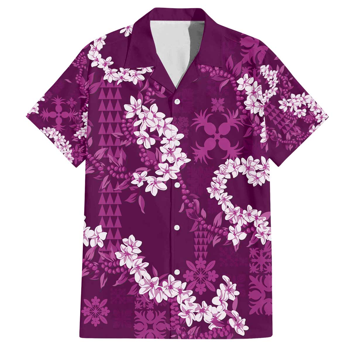 Mokihana Maile and Ilima Leis Family Matching Off The Shoulder Long Sleeve Dress and Hawaiian Shirt Akala Hawaiian Tapa Quilt Pattern LT9 Dad's Shirt - Short Sleeve Pink - Polynesian Pride