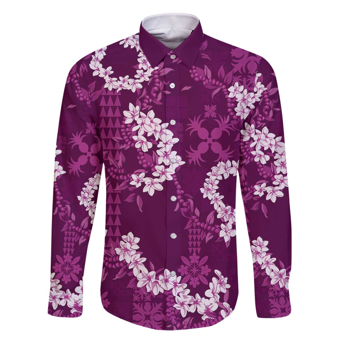 Mokihana Maile and Ilima Leis Family Matching Off The Shoulder Long Sleeve Dress and Hawaiian Shirt Akala Hawaiian Tapa Quilt Pattern LT9 Dad's Shirt - Long Sleeve Pink - Polynesian Pride