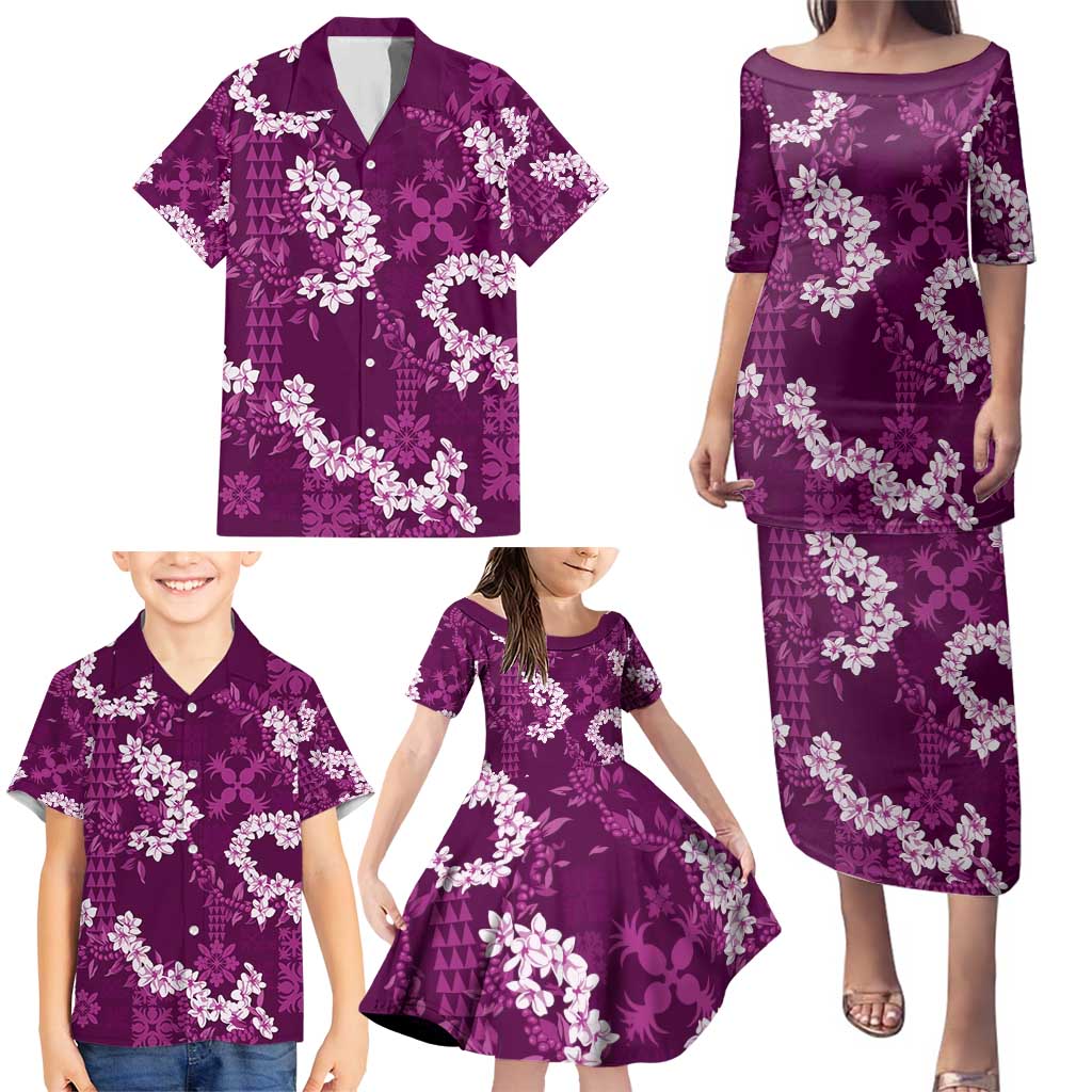 Mokihana Maile and Ilima Leis Family Matching Puletasi and Hawaiian Shirt Akala Hawaiian Tapa Quilt Pattern - Polynesian Pride
