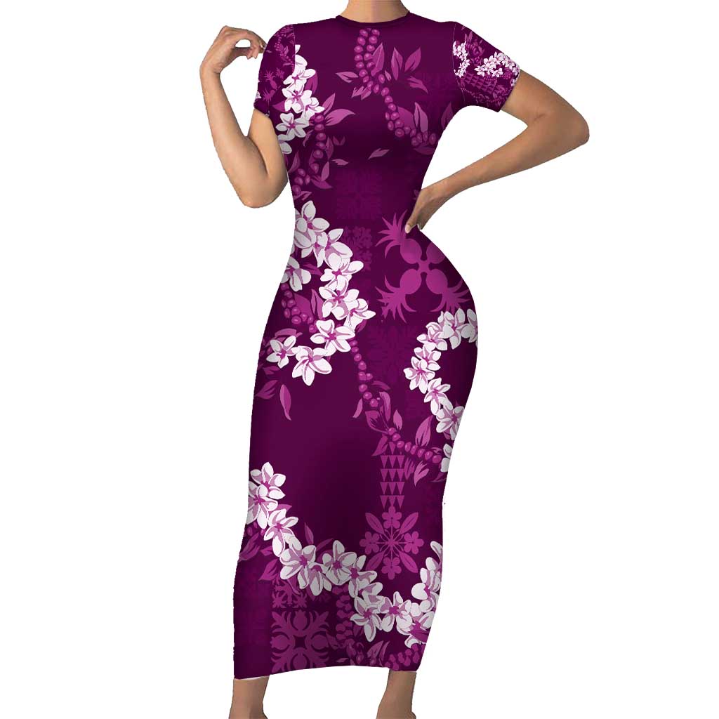 Mokihana Maile and Ilima Leis Family Matching Short Sleeve Bodycon Dress and Hawaiian Shirt Akala Hawaiian Tapa Quilt Pattern LT9 Mom's Dress Pink - Polynesian Pride