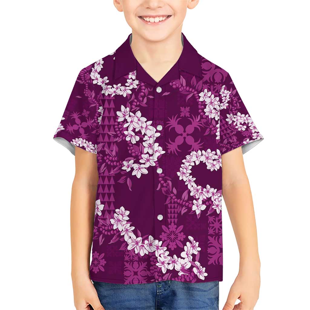 Mokihana Maile and Ilima Leis Family Matching Short Sleeve Bodycon Dress and Hawaiian Shirt Akala Hawaiian Tapa Quilt Pattern LT9 Son's Shirt Pink - Polynesian Pride