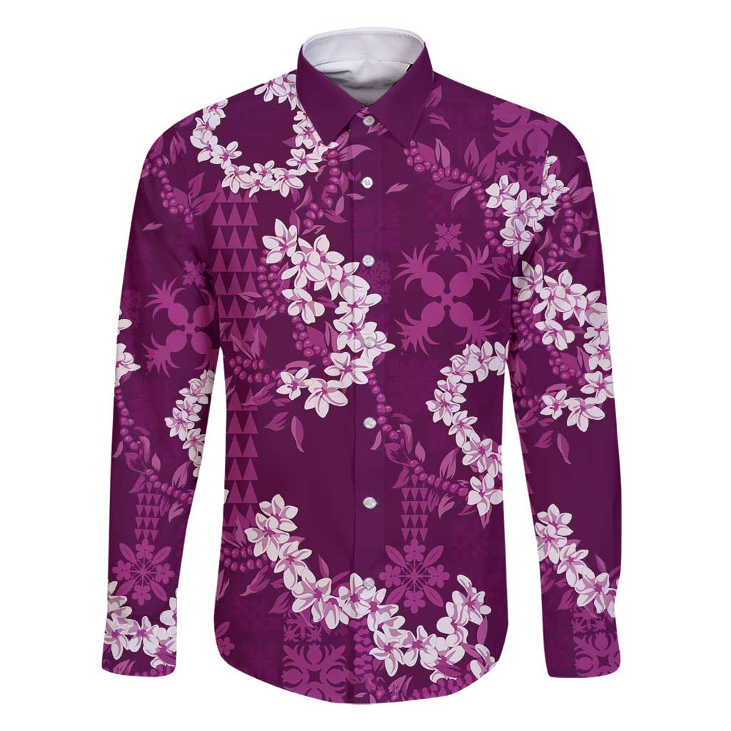 Mokihana Maile and Ilima Leis Family Matching Tank Maxi Dress and Hawaiian Shirt Akala Hawaiian Tapa Quilt Pattern LT9 Dad's Shirt - Long Sleeve Pink - Polynesian Pride