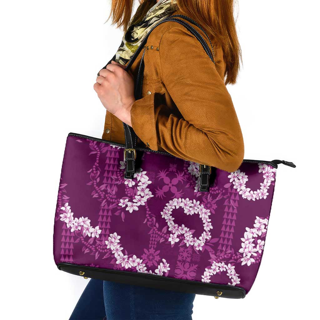 Mokihana Maile and Ilima Leis Leather Tote Bag Akala Hawaiian Tapa Quilt Pattern LT9 Pink - Polynesian Pride