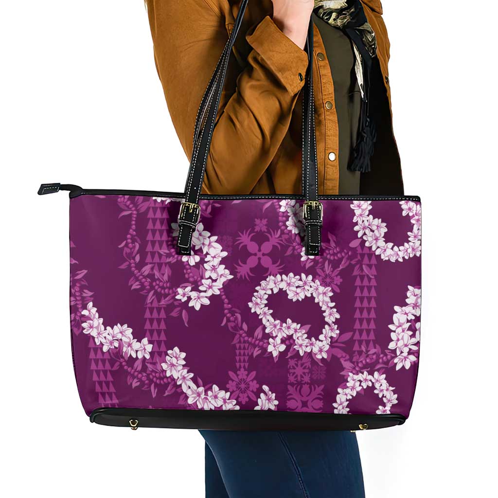 Mokihana Maile and Ilima Leis Leather Tote Bag Akala Hawaiian Tapa Quilt Pattern LT9 - Polynesian Pride