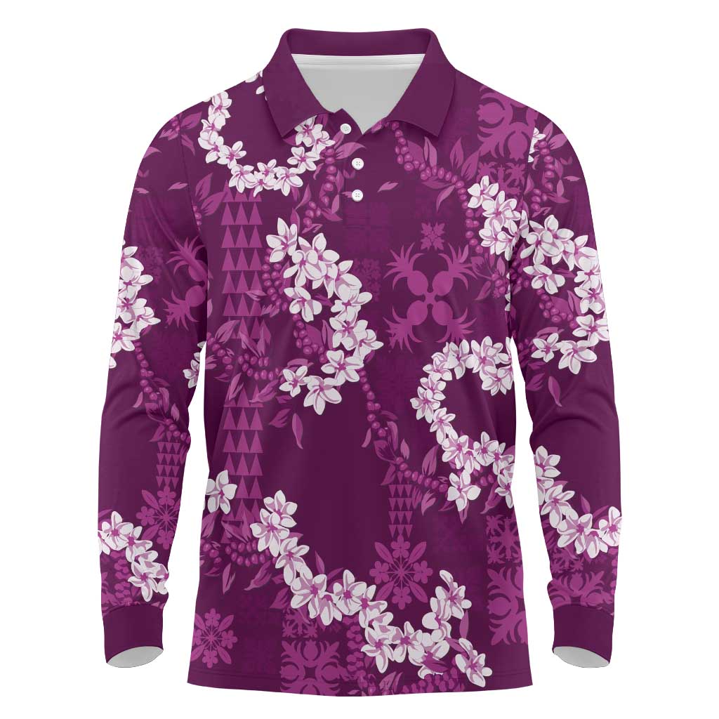 Mokihana Maile and Ilima Leis Long Sleeve Polo Shirt Akala Hawaiian Tapa Quilt Pattern - Polynesian Pride