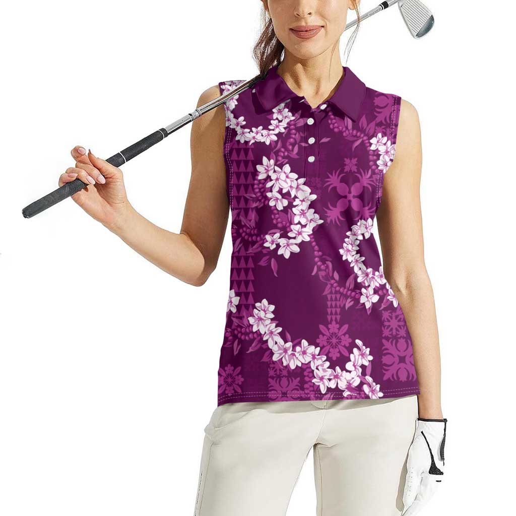 Mokihana Maile and Ilima Leis Women Sleeveless Polo Shirt Akala Hawaiian Tapa Quilt Pattern - Polynesian Pride
