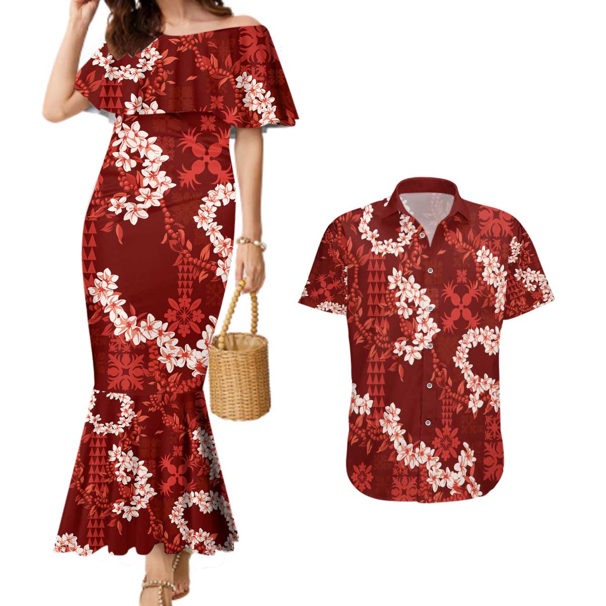 Mokihana Maile and Ilima Leis Couples Matching Mermaid Dress and Hawaiian Shirt Ulaʻula Hawaiian Tapa Quilt Pattern - Polynesian Pride