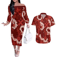 Mokihana Maile and Ilima Leis Couples Matching Off The Shoulder Long Sleeve Dress and Hawaiian Shirt Ulaʻula Hawaiian Tapa Quilt Pattern LT9 Red - Polynesian Pride
