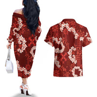 Mokihana Maile and Ilima Leis Couples Matching Off The Shoulder Long Sleeve Dress and Hawaiian Shirt Ulaʻula Hawaiian Tapa Quilt Pattern LT9 - Polynesian Pride