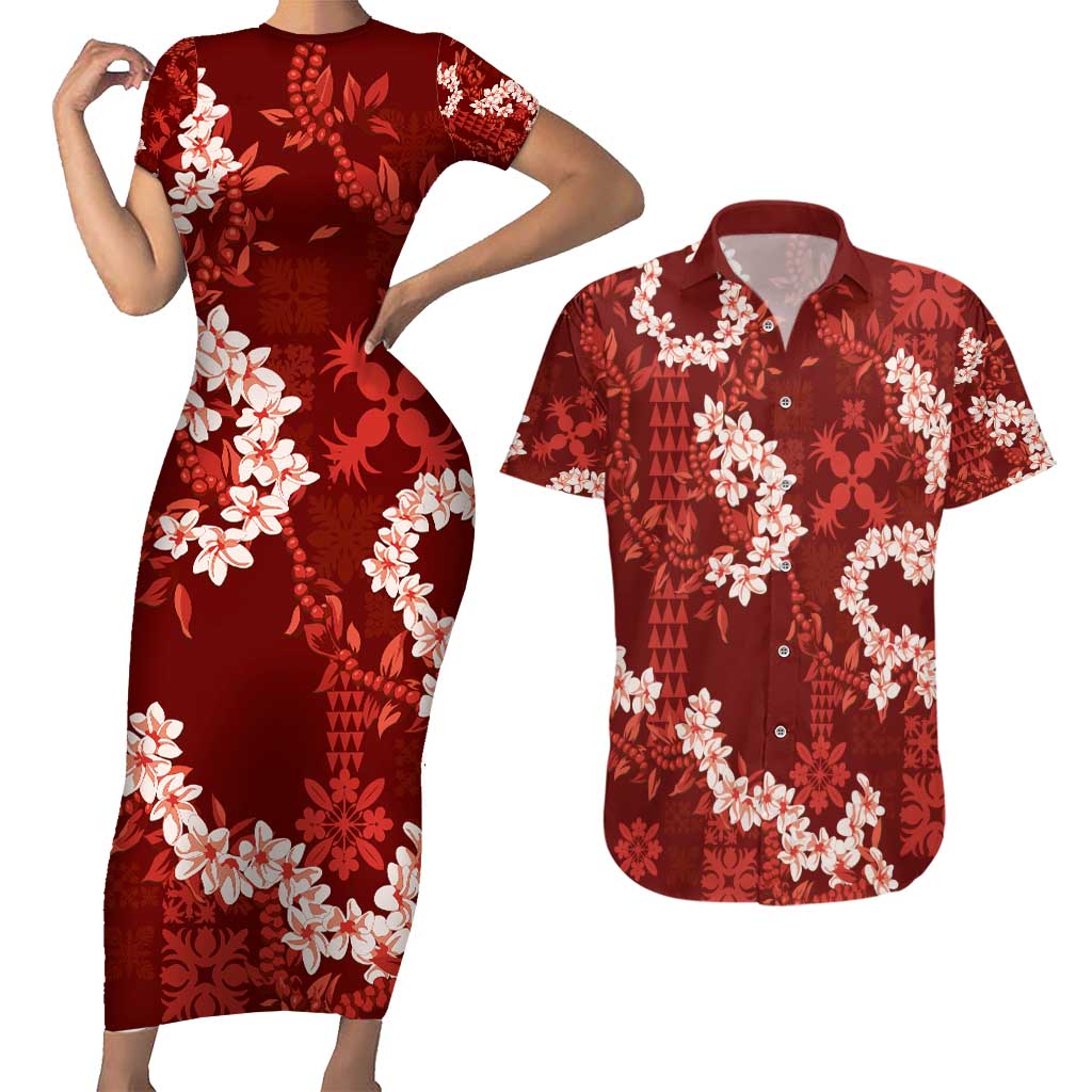 Mokihana Maile and Ilima Leis Couples Matching Short Sleeve Bodycon Dress and Hawaiian Shirt Ulaʻula Hawaiian Tapa Quilt Pattern LT9 Red - Polynesian Pride