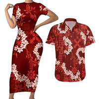 Mokihana Maile and Ilima Leis Couples Matching Short Sleeve Bodycon Dress and Hawaiian Shirt Ulaʻula Hawaiian Tapa Quilt Pattern LT9 Red - Polynesian Pride