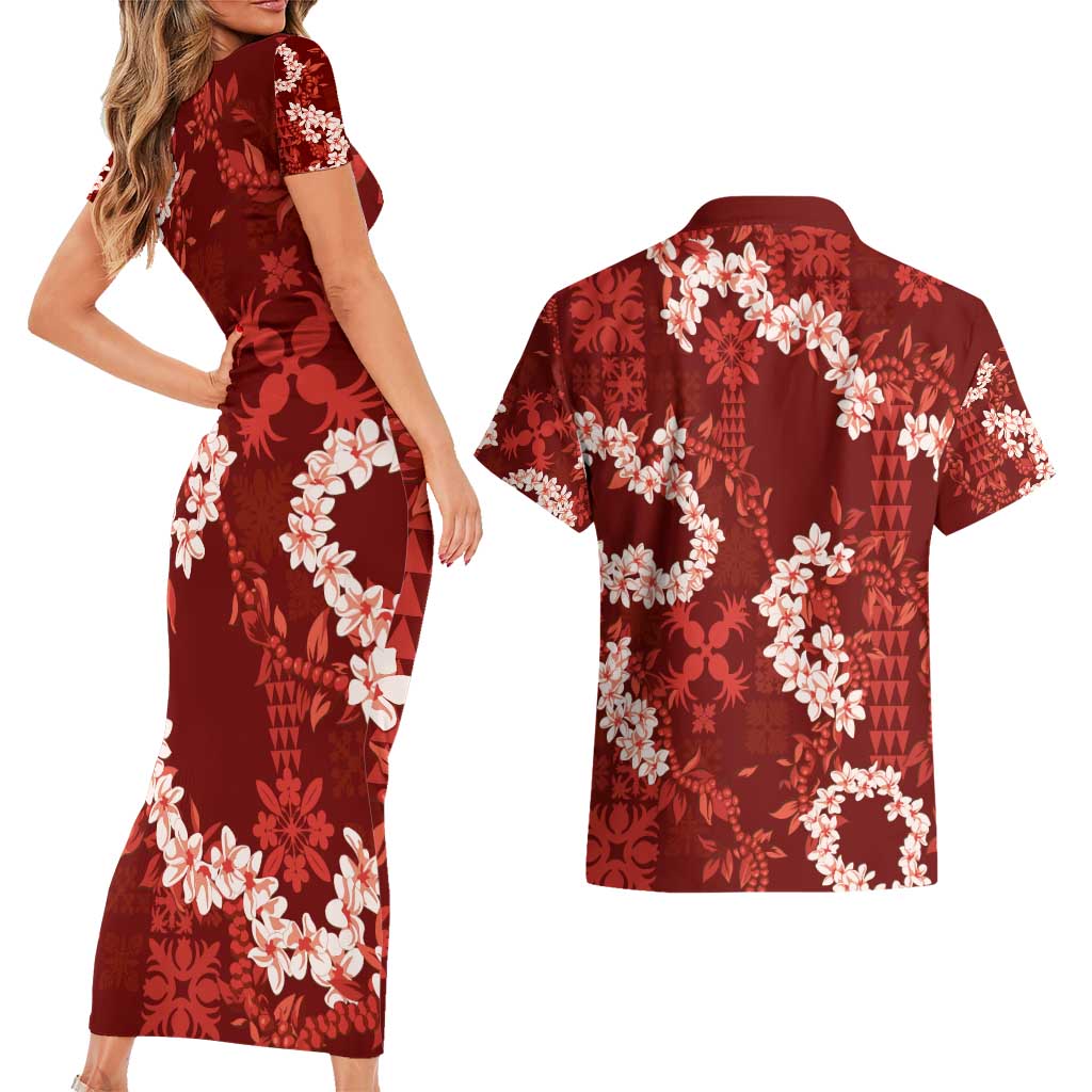 Mokihana Maile and Ilima Leis Couples Matching Short Sleeve Bodycon Dress and Hawaiian Shirt Ulaʻula Hawaiian Tapa Quilt Pattern LT9 - Polynesian Pride
