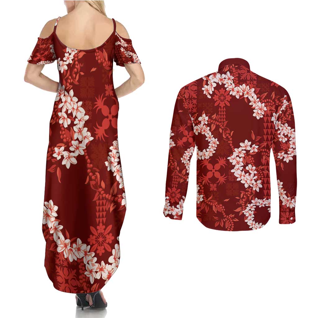 Mokihana Maile and Ilima Leis Couples Matching Summer Maxi Dress and Long Sleeve Button Shirt Ulaʻula Hawaiian Tapa Quilt Pattern - Polynesian Pride