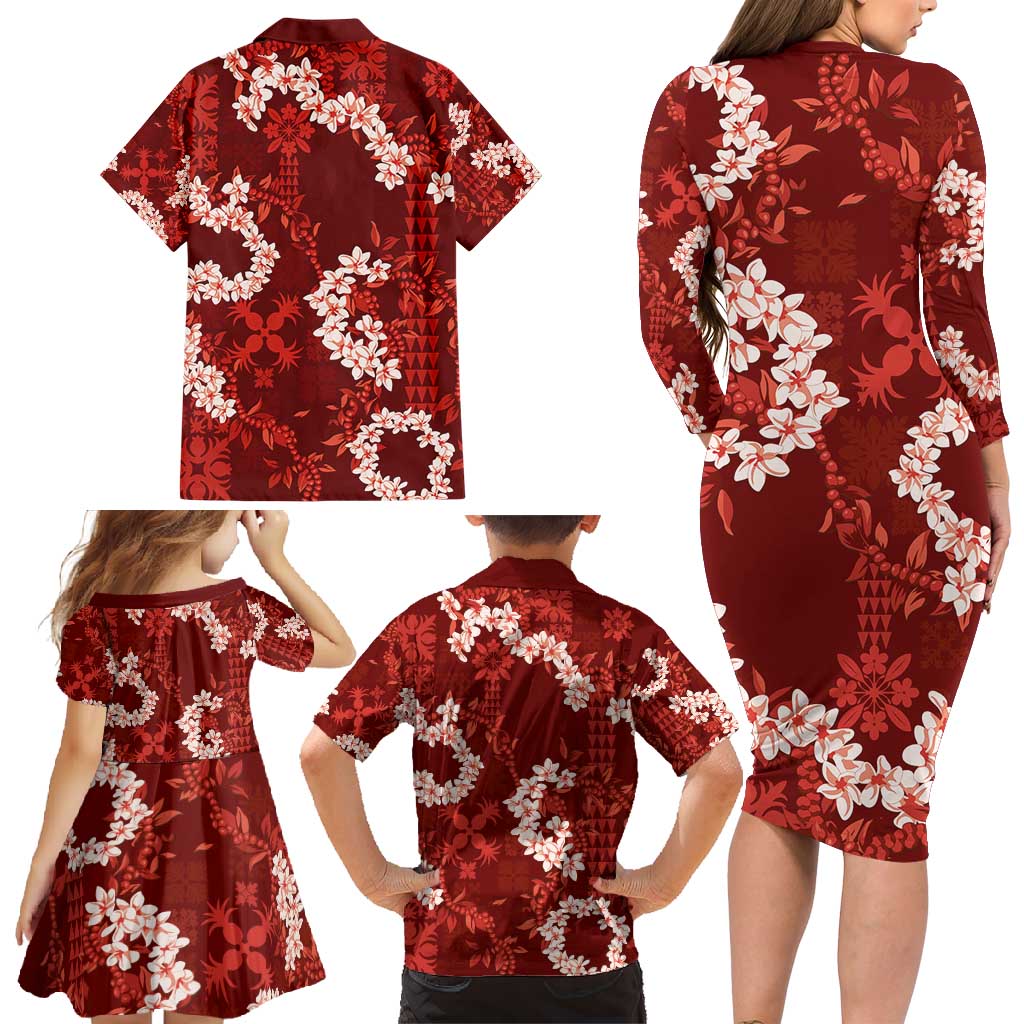 Mokihana Maile and Ilima Leis Family Matching Long Sleeve Bodycon Dress and Hawaiian Shirt Ulaʻula Hawaiian Tapa Quilt Pattern LT9 - Polynesian Pride