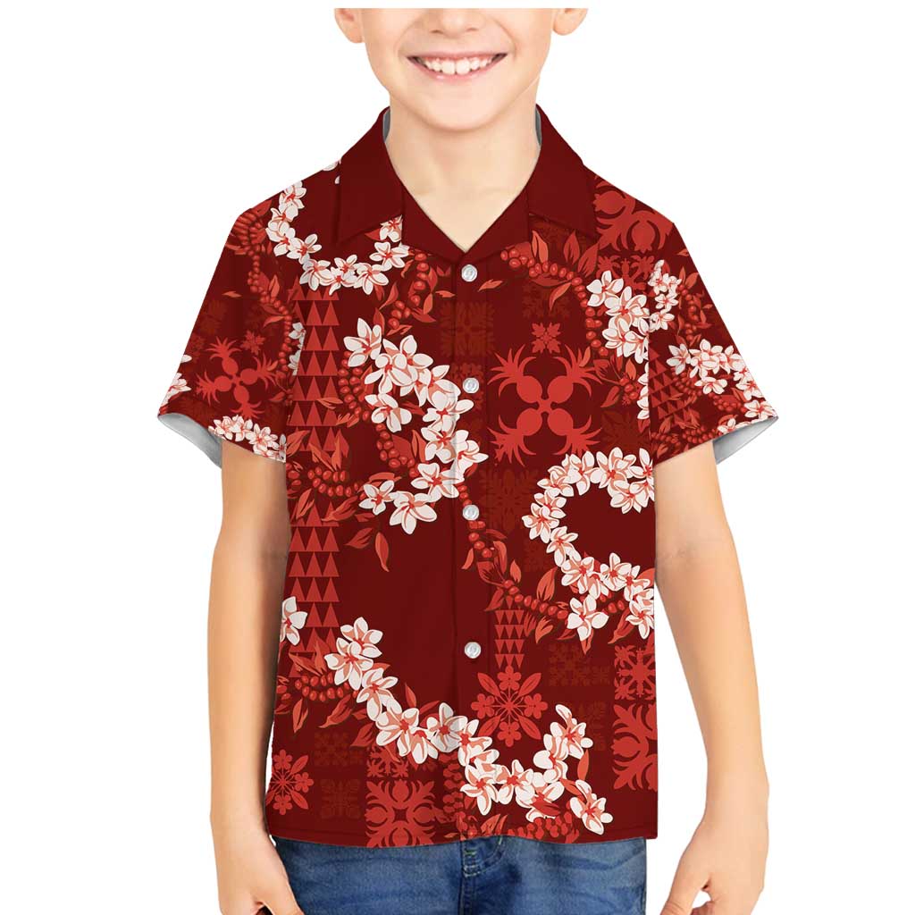 Mokihana Maile and Ilima Leis Family Matching Mermaid Dress and Hawaiian Shirt Ulaʻula Hawaiian Tapa Quilt Pattern LT9 Son's Shirt Red - Polynesian Pride