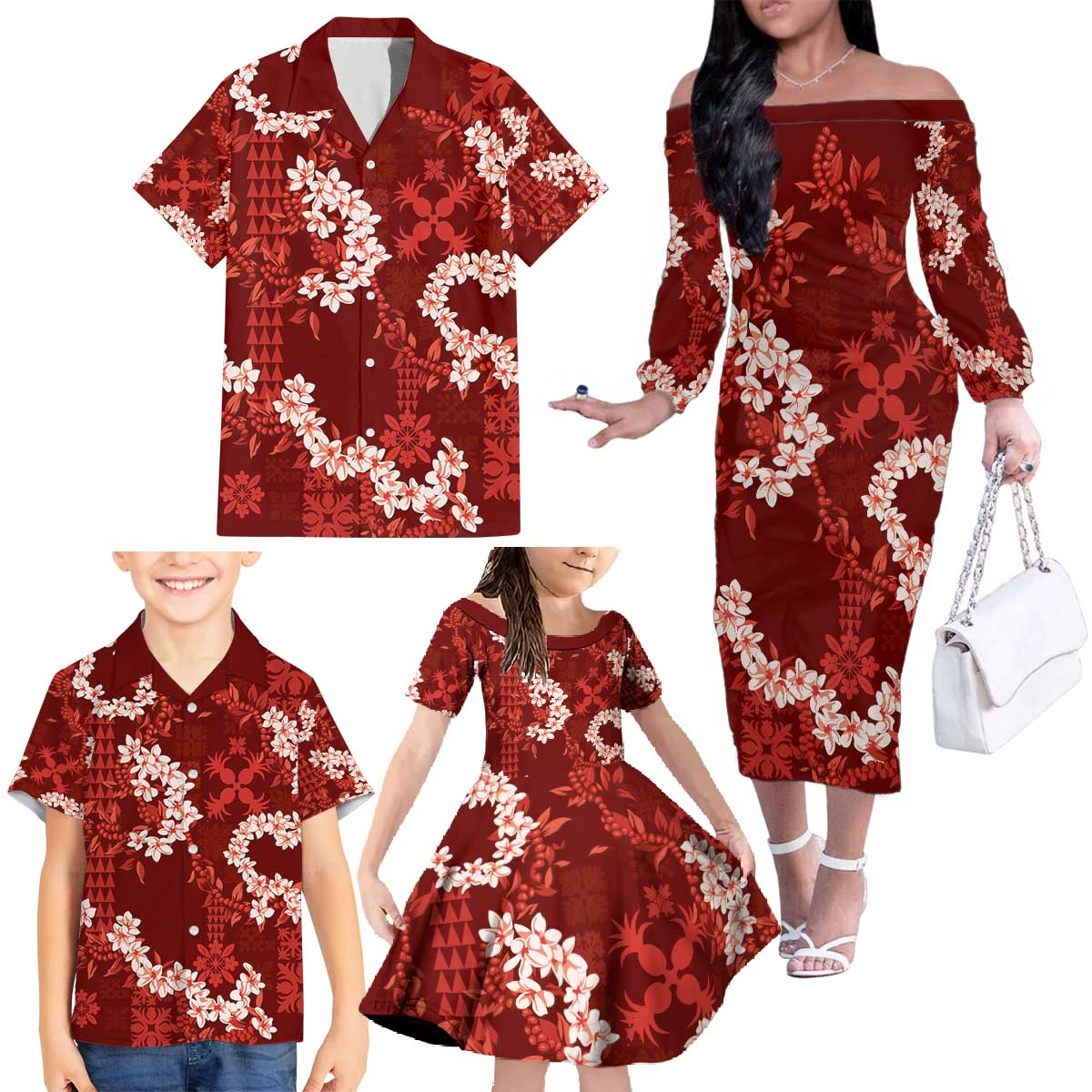 Mokihana Maile and Ilima Leis Family Matching Off The Shoulder Long Sleeve Dress and Hawaiian Shirt Ulaʻula Hawaiian Tapa Quilt Pattern LT9 - Polynesian Pride