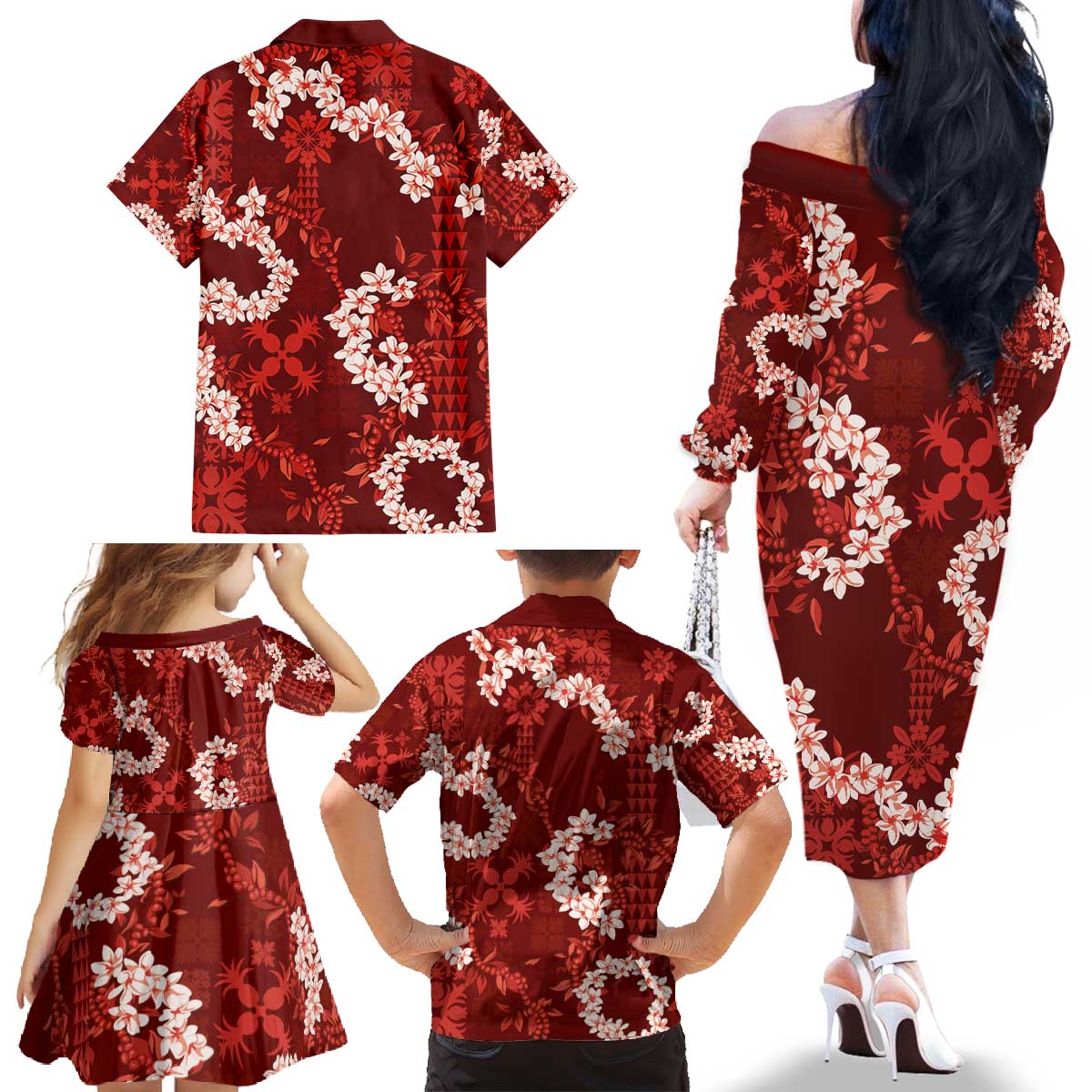 Mokihana Maile and Ilima Leis Family Matching Off The Shoulder Long Sleeve Dress and Hawaiian Shirt Ulaʻula Hawaiian Tapa Quilt Pattern LT9 - Polynesian Pride