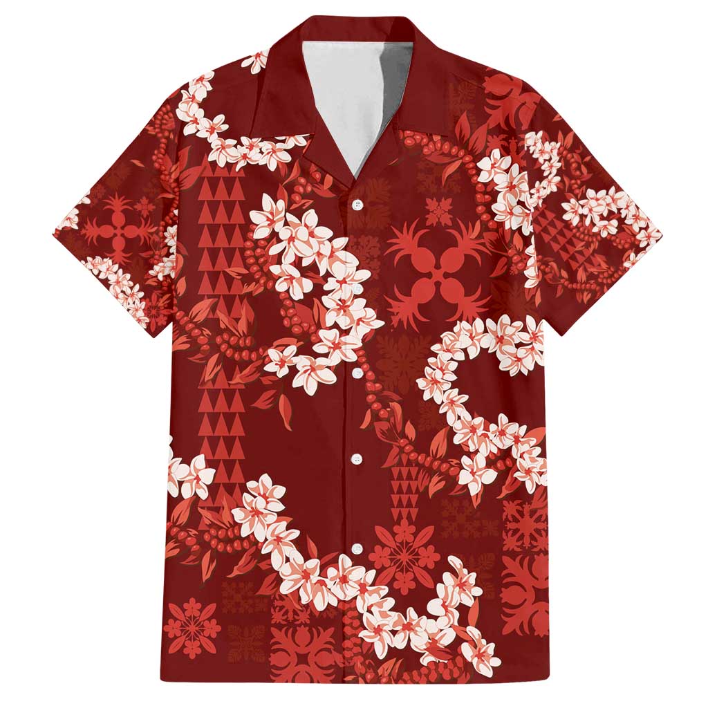 Mokihana Maile and Ilima Leis Family Matching Off Shoulder Maxi Dress and Hawaiian Shirt Ulaʻula Hawaiian Tapa Quilt Pattern LT9 Dad's Shirt - Short Sleeve Red - Polynesian Pride