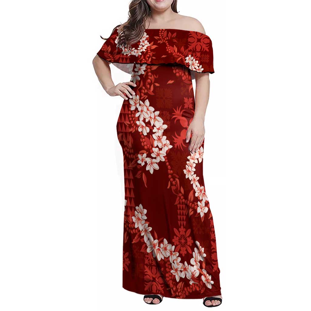Mokihana Maile and Ilima Leis Family Matching Off Shoulder Maxi Dress and Hawaiian Shirt Ulaʻula Hawaiian Tapa Quilt Pattern LT9 Mom's Dress Red - Polynesian Pride