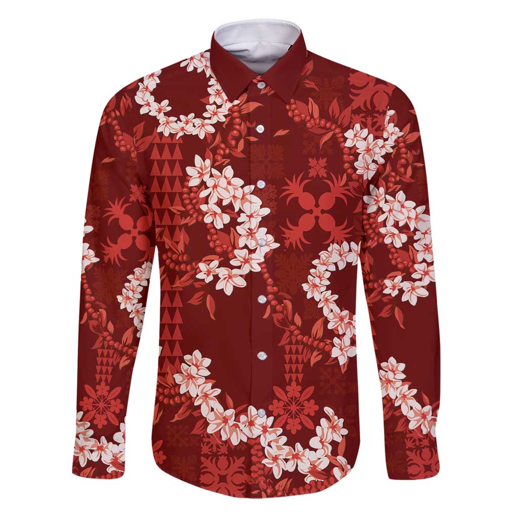 Mokihana Maile and Ilima Leis Family Matching Puletasi and Hawaiian Shirt Ulaʻula Hawaiian Tapa Quilt Pattern LT9 Dad's Shirt - Long Sleeve Red - Polynesian Pride