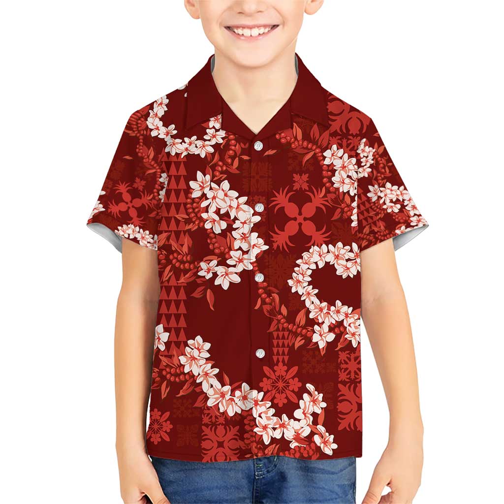 Mokihana Maile and Ilima Leis Family Matching Short Sleeve Bodycon Dress and Hawaiian Shirt Ulaʻula Hawaiian Tapa Quilt Pattern LT9 Son's Shirt Red - Polynesian Pride