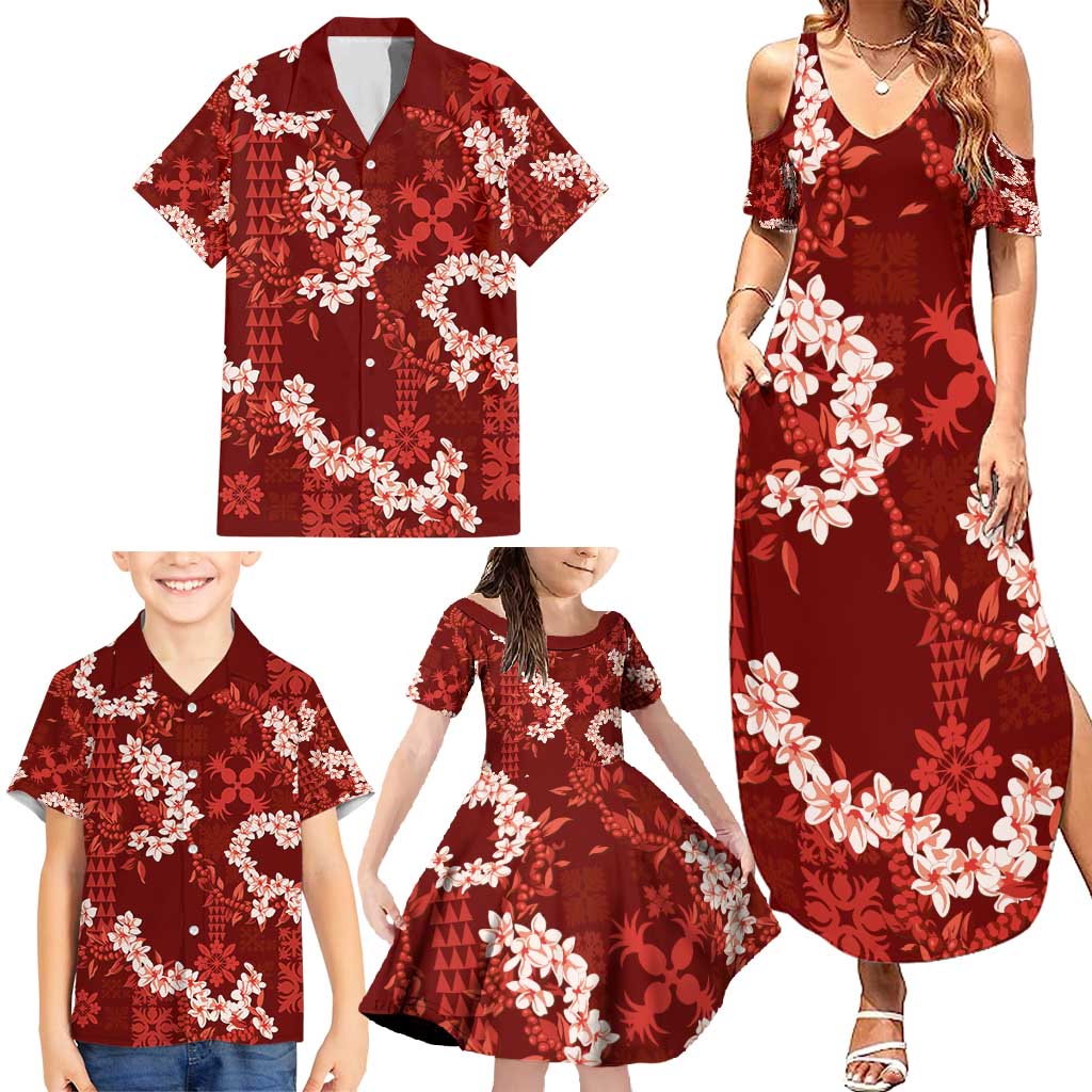 Mokihana Maile and Ilima Leis Family Matching Summer Maxi Dress and Hawaiian Shirt Ulaʻula Hawaiian Tapa Quilt Pattern LT9 - Polynesian Pride