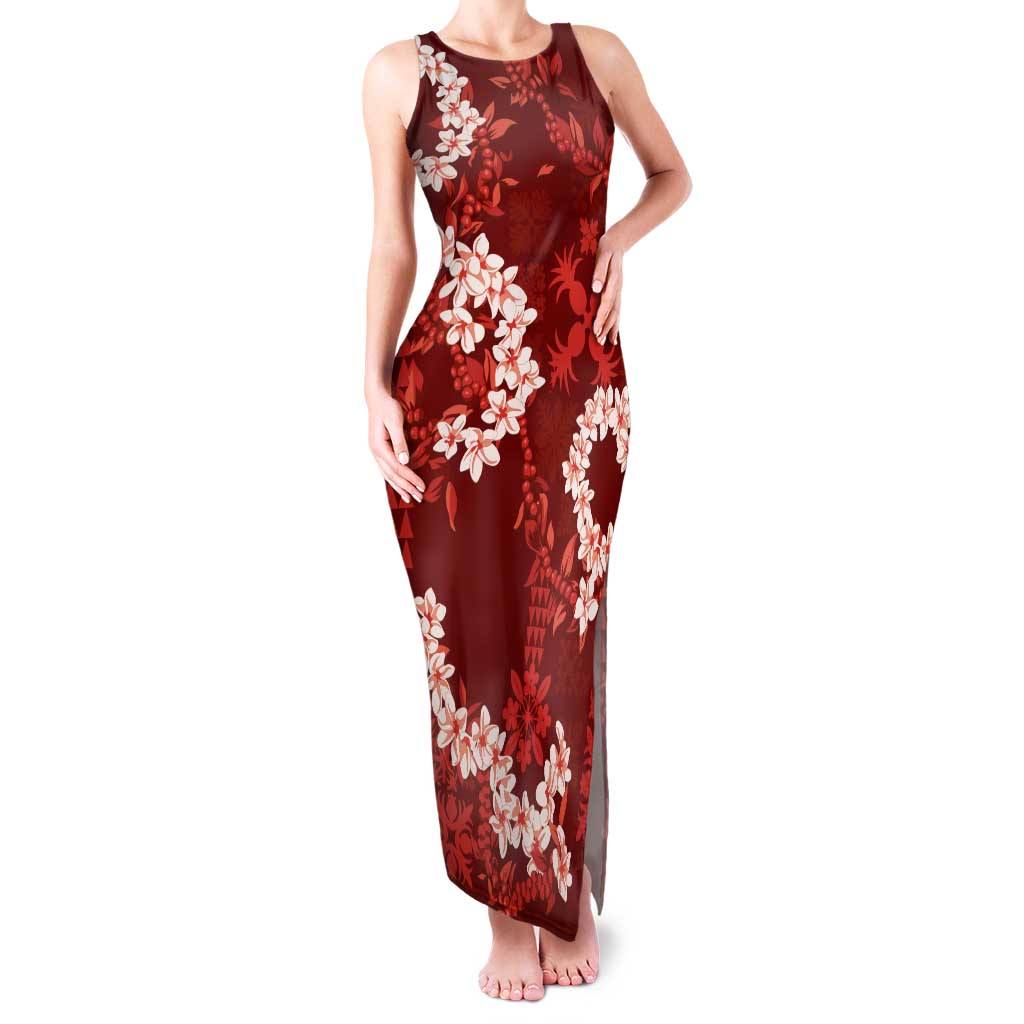 Mokihana Maile and Ilima Leis Family Matching Tank Maxi Dress and Hawaiian Shirt Ulaʻula Hawaiian Tapa Quilt Pattern LT9 Mom's Dress Red - Polynesian Pride