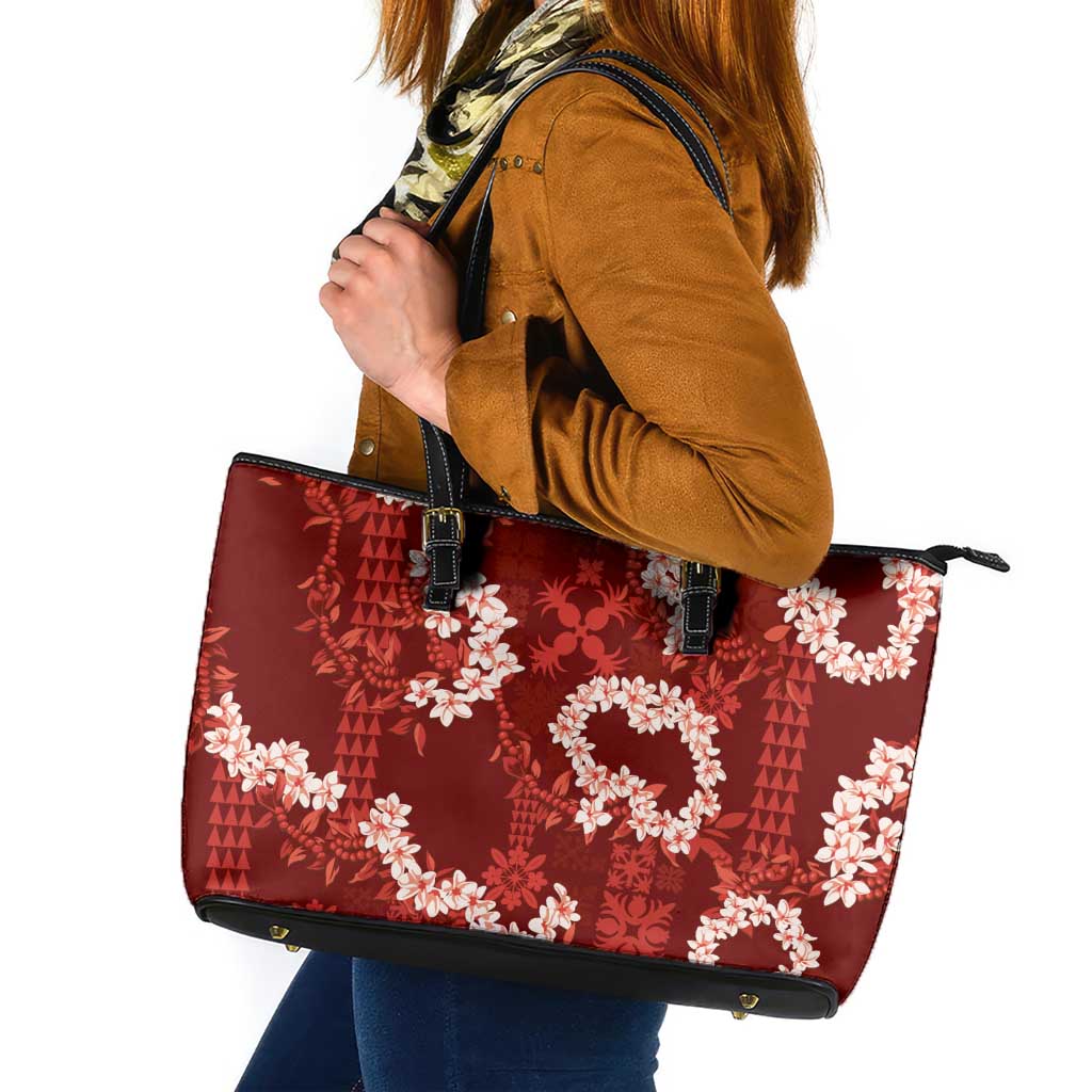 Mokihana Maile and Ilima Leis Leather Tote Bag Ulaʻula Hawaiian Tapa Quilt Pattern - Polynesian Pride