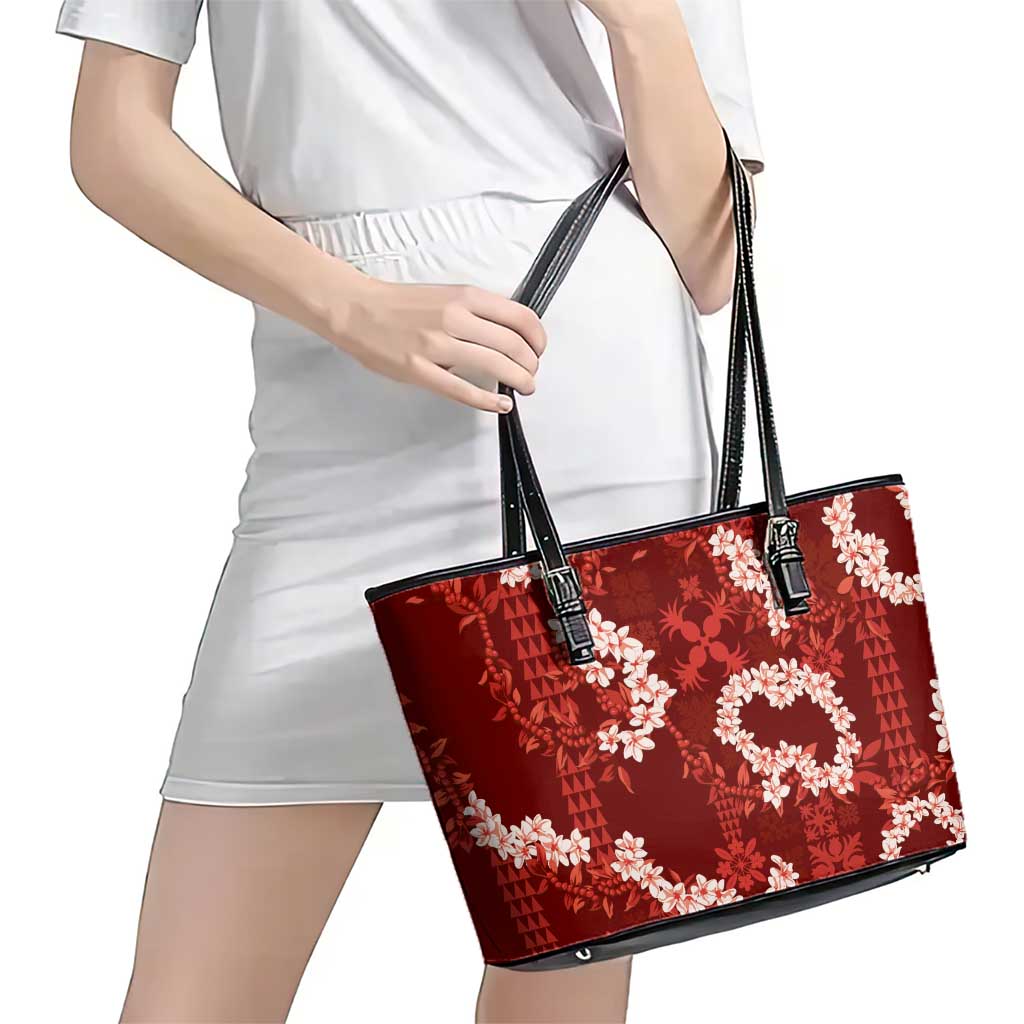 Mokihana Maile and Ilima Leis Leather Tote Bag Ulaʻula Hawaiian Tapa Quilt Pattern - Polynesian Pride