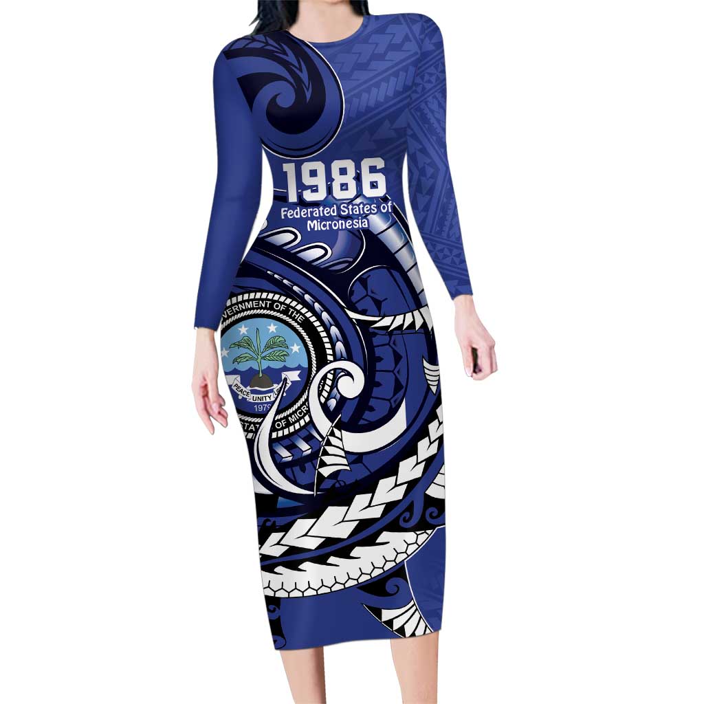 Personalized FSM 1986 Independence Day Family Matching Long Sleeve Bodycon Dress and Hawaiian Shirt Polynesian Shark Tattoo Style LT9 Mom's Dress Blue - Polynesian Pride