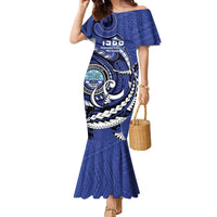 Personalized FSM 1986 Independence Day Family Matching Mermaid Dress and Hawaiian Shirt Polynesian Shark Tattoo Style LT9 Mom's Dress Blue - Polynesian Pride