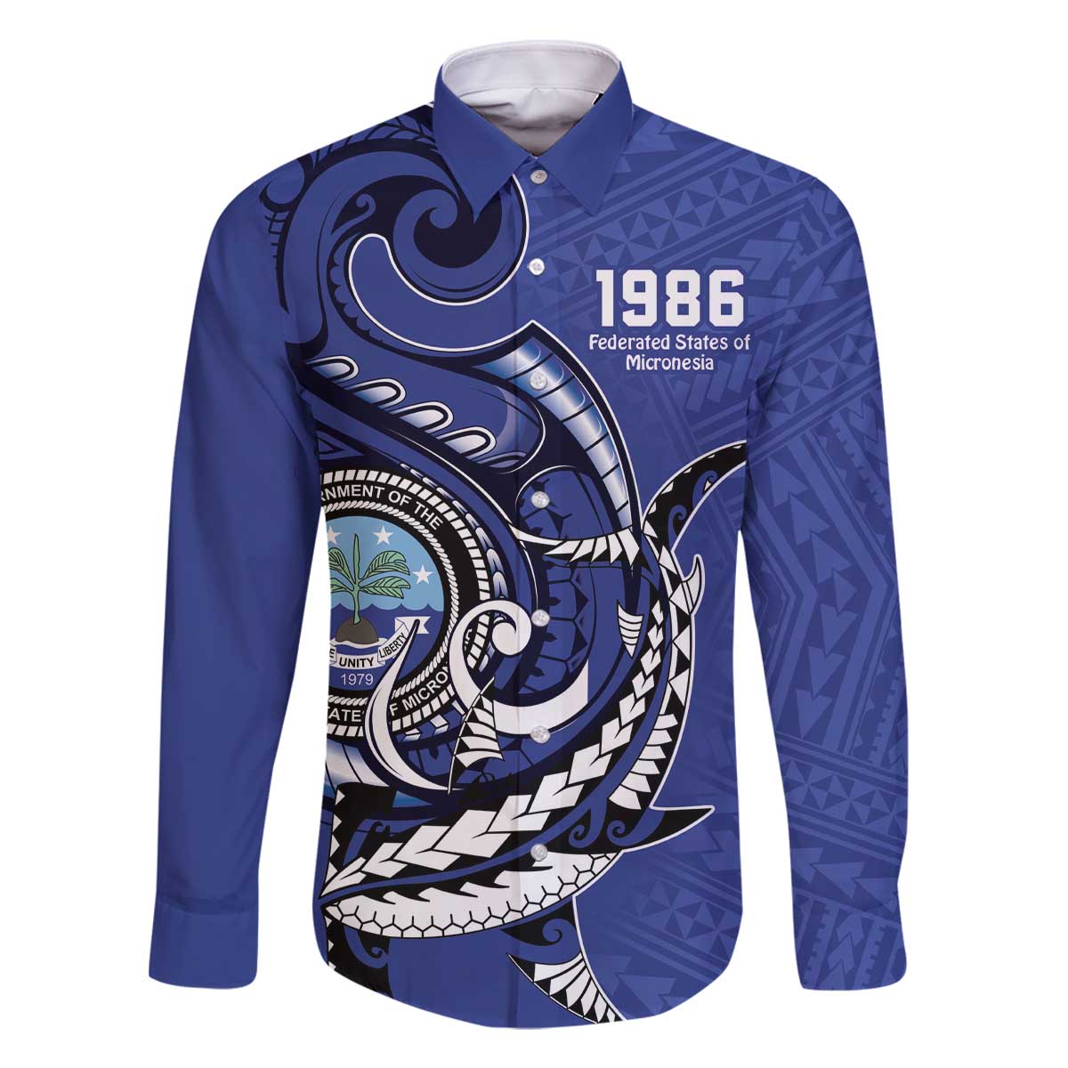 Personalized FSM 1986 Independence Day Family Matching Off The Shoulder Long Sleeve Dress and Hawaiian Shirt Polynesian Shark Tattoo Style LT9 Dad's Shirt - Long Sleeve Blue - Polynesian Pride