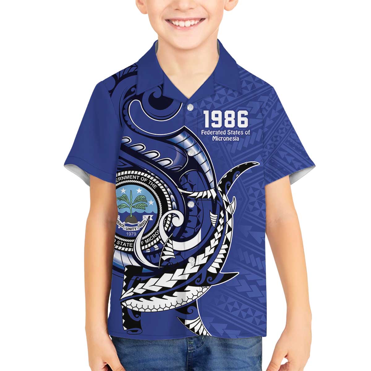 Personalized FSM 1986 Independence Day Family Matching Off The Shoulder Long Sleeve Dress and Hawaiian Shirt Polynesian Shark Tattoo Style LT9 Son's Shirt Blue - Polynesian Pride