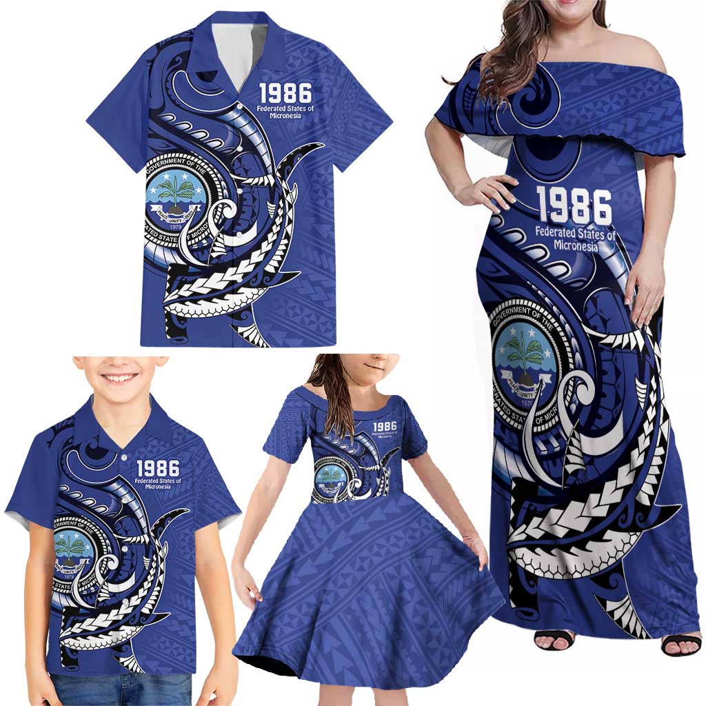 Personalized FSM 1986 Independence Day Family Matching Off Shoulder Maxi Dress and Hawaiian Shirt Polynesian Shark Tattoo Style LT9 - Polynesian Pride