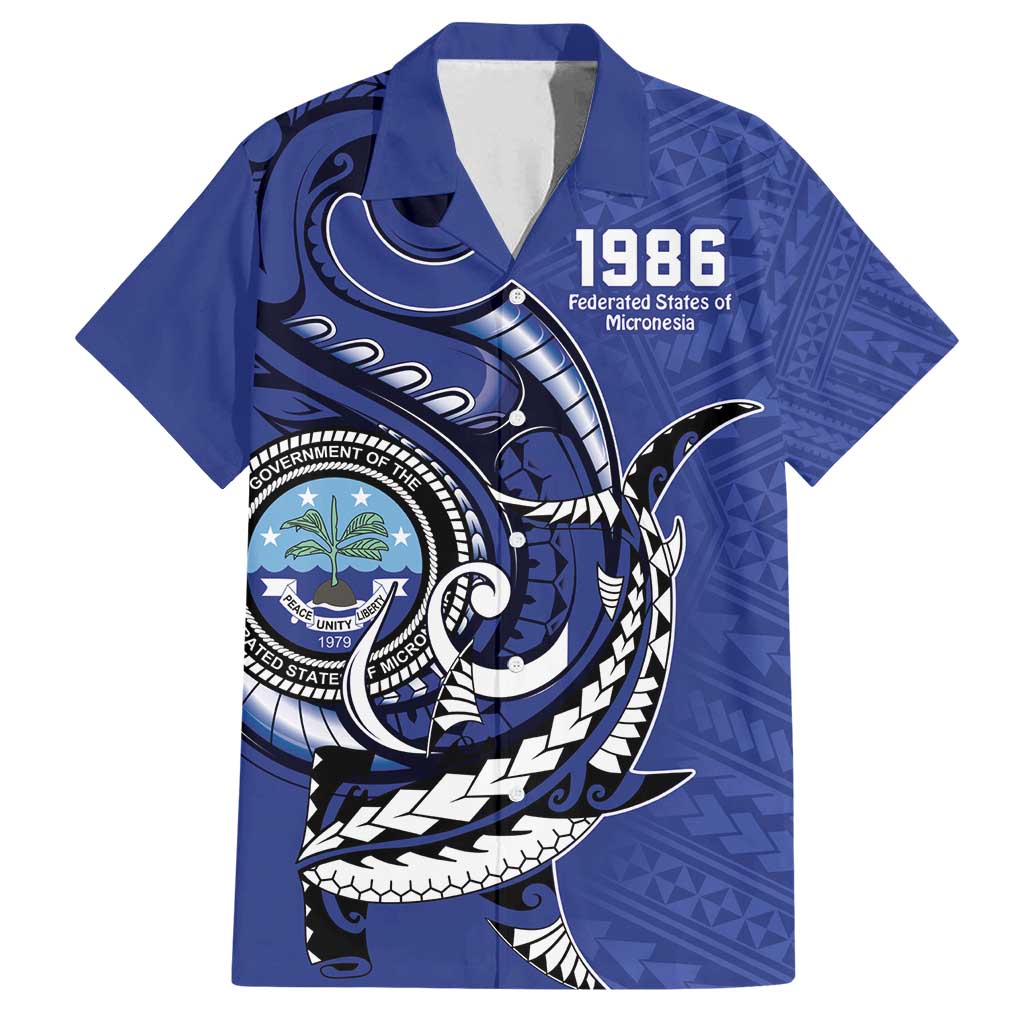 Personalized FSM 1986 Independence Day Family Matching Off Shoulder Maxi Dress and Hawaiian Shirt Polynesian Shark Tattoo Style LT9 Dad's Shirt - Short Sleeve Blue - Polynesian Pride