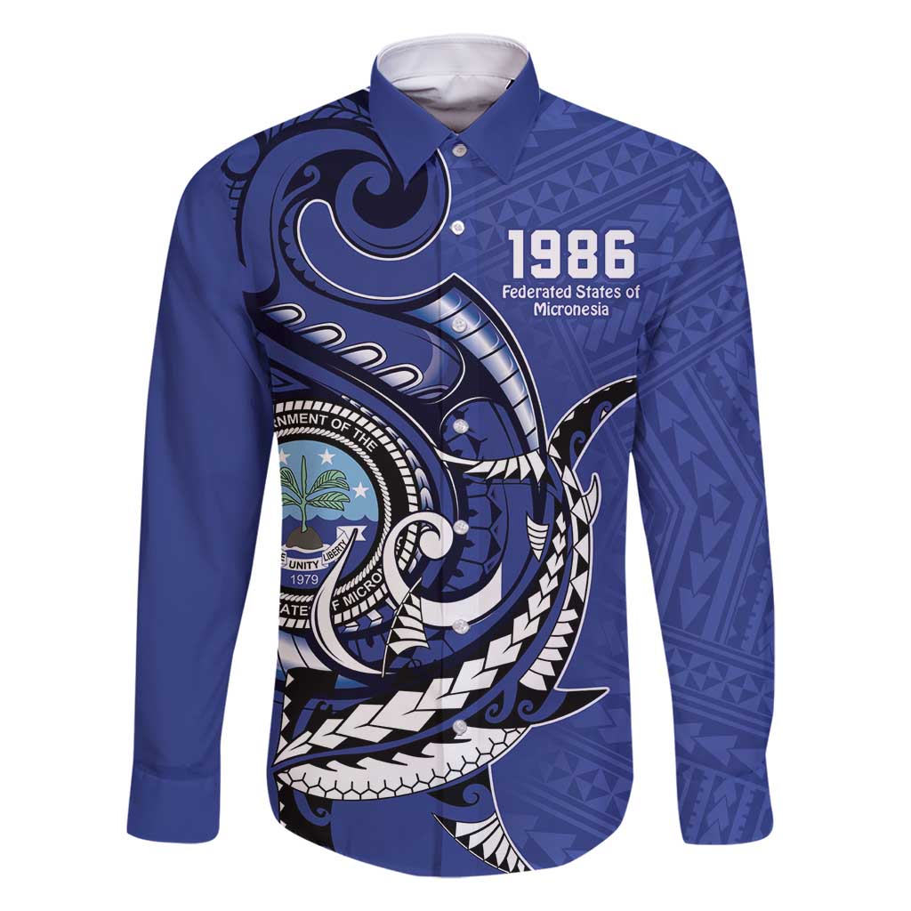 Personalized FSM 1986 Independence Day Family Matching Off Shoulder Maxi Dress and Hawaiian Shirt Polynesian Shark Tattoo Style LT9 Dad's Shirt - Long Sleeve Blue - Polynesian Pride