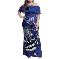 Personalized FSM 1986 Independence Day Family Matching Off Shoulder Maxi Dress and Hawaiian Shirt Polynesian Shark Tattoo Style LT9 Mom's Dress Blue - Polynesian Pride