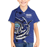 Personalized FSM 1986 Independence Day Family Matching Off Shoulder Maxi Dress and Hawaiian Shirt Polynesian Shark Tattoo Style LT9 Son's Shirt Blue - Polynesian Pride