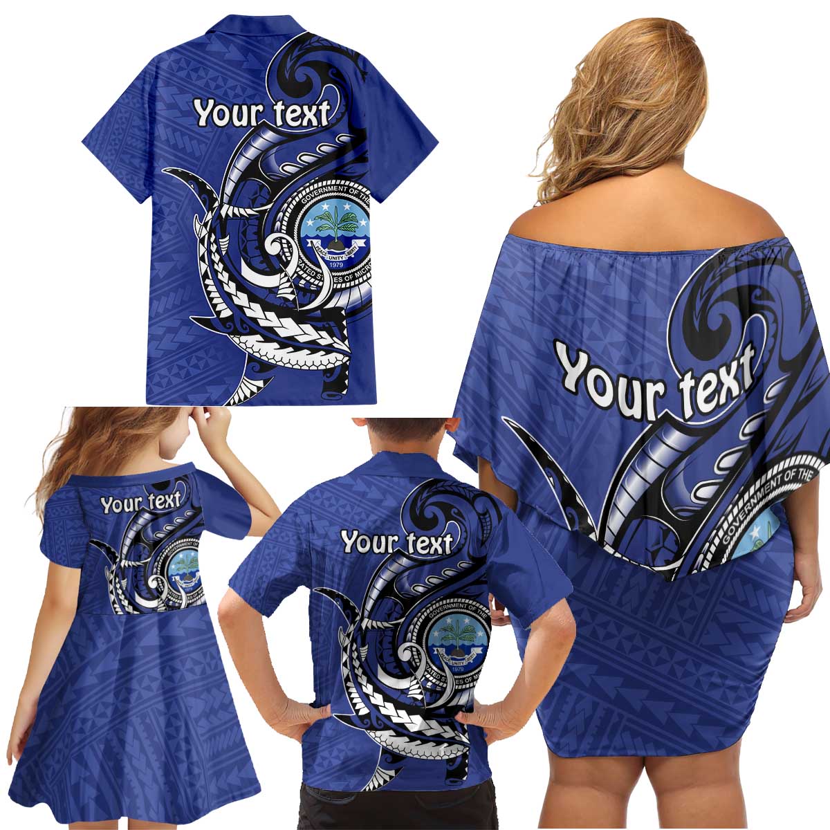 Personalized FSM 1986 Independence Day Family Matching Off Shoulder Short Dress and Hawaiian Shirt Polynesian Shark Tattoo Style LT9 - Polynesian Pride