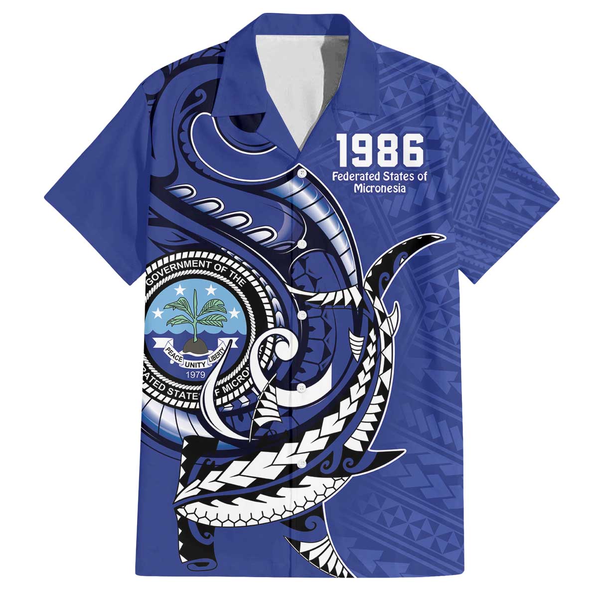 Personalized FSM 1986 Independence Day Family Matching Off Shoulder Short Dress and Hawaiian Shirt Polynesian Shark Tattoo Style LT9 Dad's Shirt - Short Sleeve Blue - Polynesian Pride