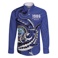 Personalized FSM 1986 Independence Day Family Matching Short Sleeve Bodycon Dress and Hawaiian Shirt Polynesian Shark Tattoo Style LT9 Dad's Shirt - Long Sleeve Blue - Polynesian Pride