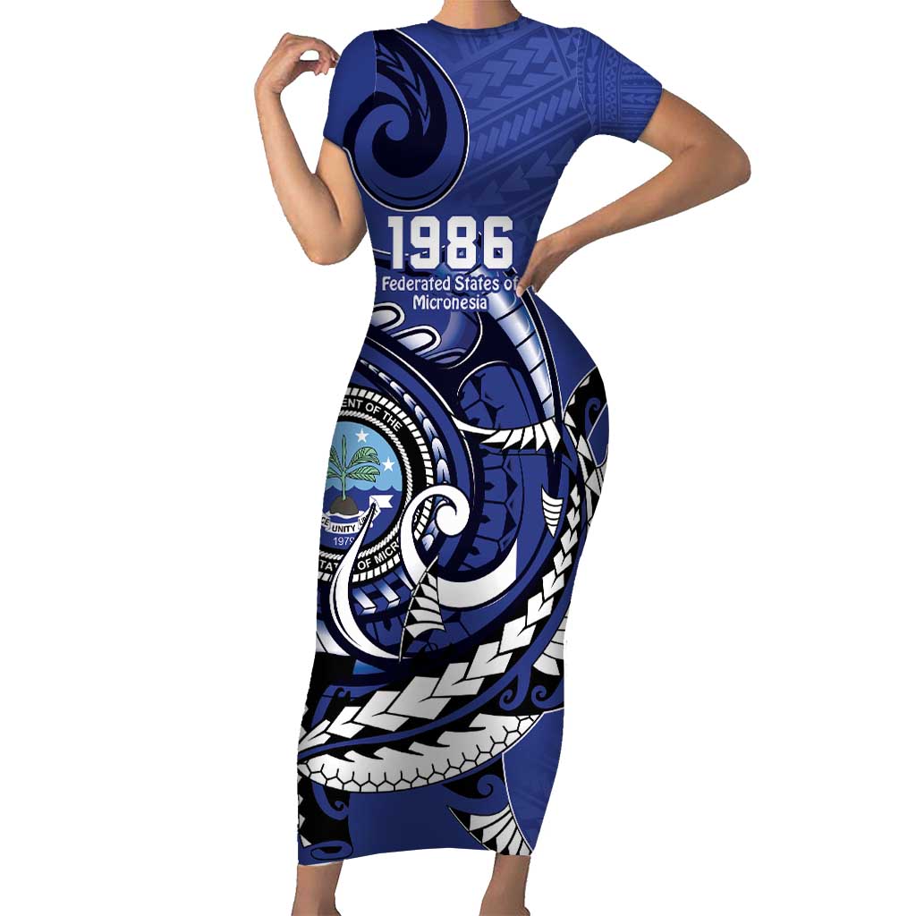 Personalized FSM 1986 Independence Day Family Matching Short Sleeve Bodycon Dress and Hawaiian Shirt Polynesian Shark Tattoo Style LT9 Mom's Dress Blue - Polynesian Pride
