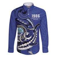 Personalized FSM 1986 Independence Day Family Matching Summer Maxi Dress and Hawaiian Shirt Polynesian Shark Tattoo Style LT9 Dad's Shirt - Long Sleeve Blue - Polynesian Pride
