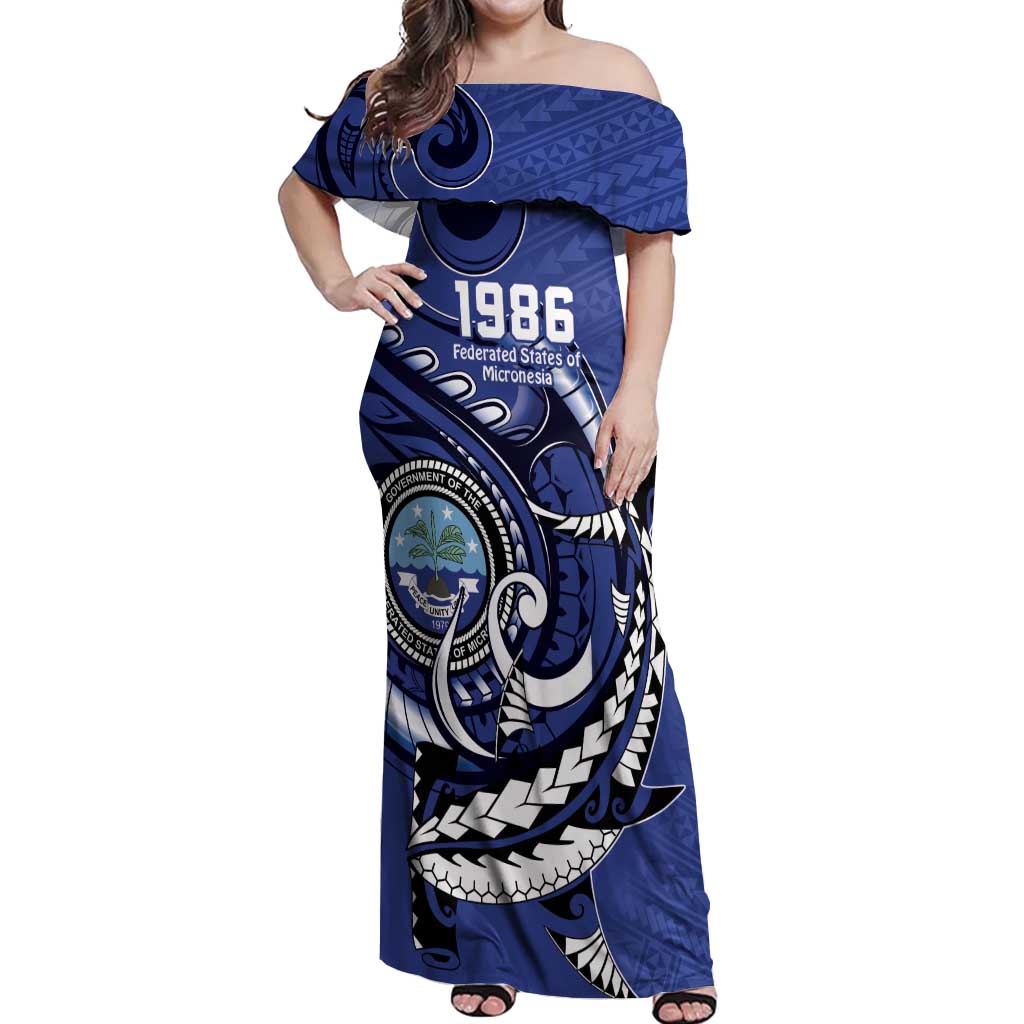 Personalized FSM 1986 Independence Day Off Shoulder Maxi Dress Polynesian Shark Tattoo Style LT9 Women Blue - Polynesian Pride