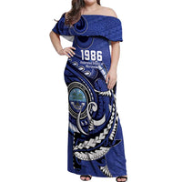 Personalized FSM 1986 Independence Day Off Shoulder Maxi Dress Polynesian Shark Tattoo Style LT9 Women Blue - Polynesian Pride