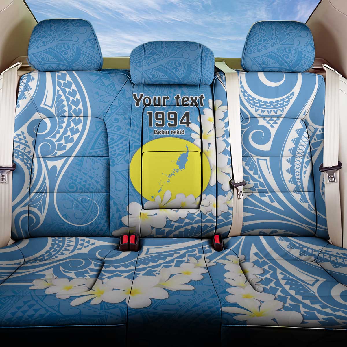 Personalized Palau 1994 Belau Rekid Back Car Seat Cover Polynesian Plumeria Style LT9 One Size Blue - Polynesian Pride