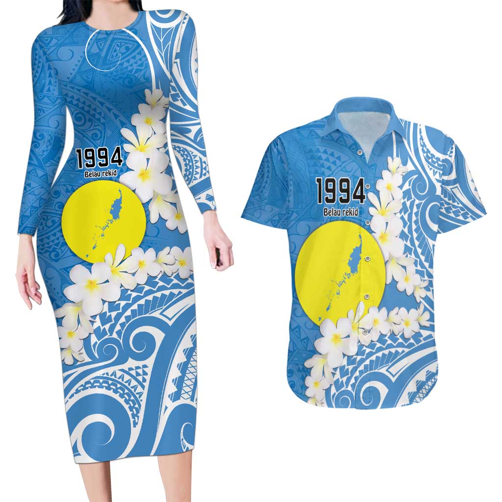 Personalized Palau 1994 Belau Rekid Couples Matching Long Sleeve Bodycon Dress and Hawaiian Shirt Polynesian Plumeria Style LT9 Blue - Polynesian Pride