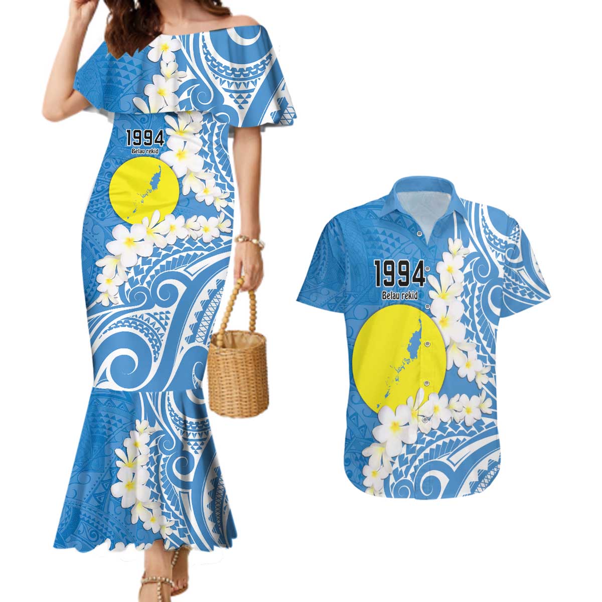 Personalized Palau 1994 Belau Rekid Couples Matching Mermaid Dress and Hawaiian Shirt Polynesian Plumeria Style LT9 Blue - Polynesian Pride