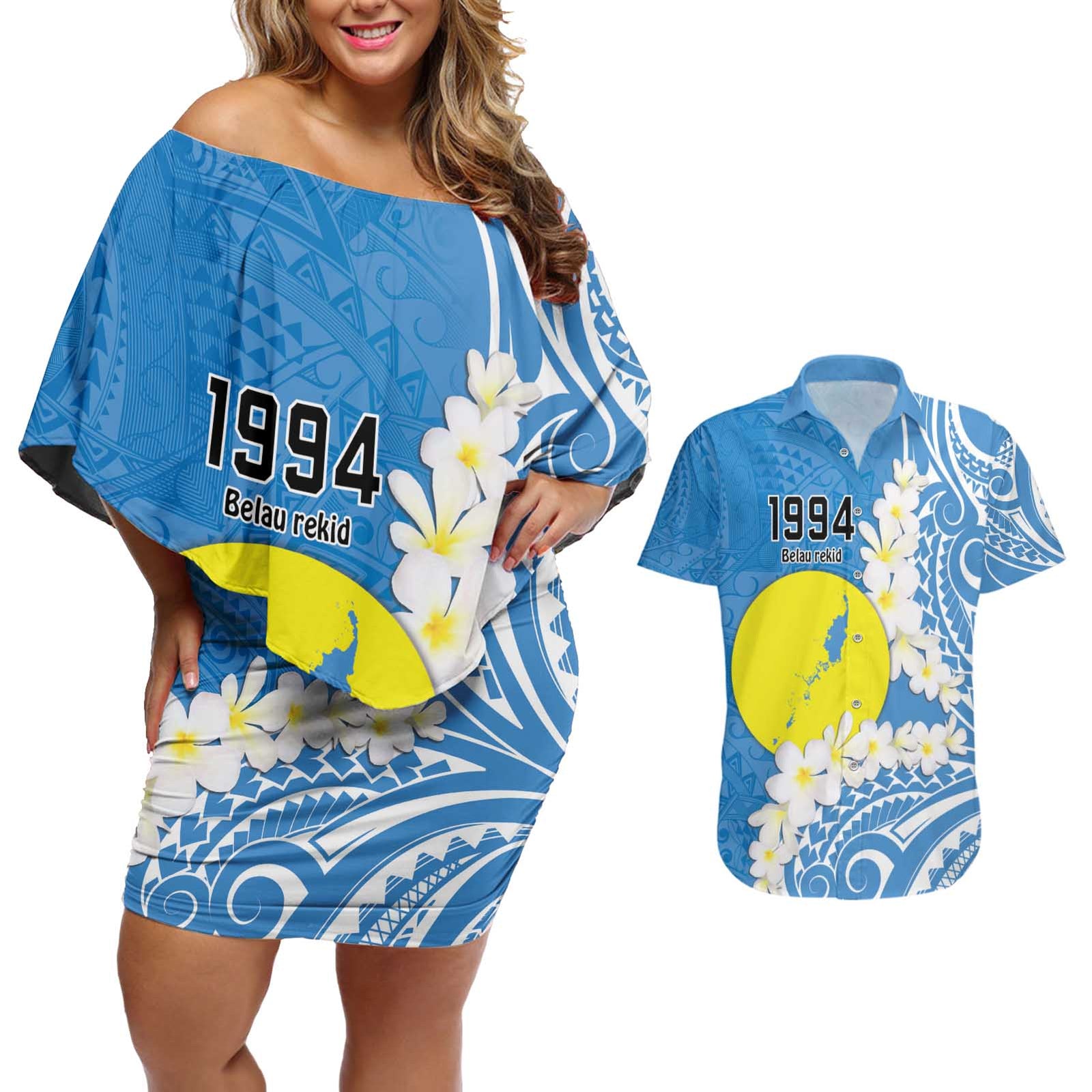 Personalized Palau 1994 Belau Rekid Couples Matching Off Shoulder Short Dress and Hawaiian Shirt Polynesian Plumeria Style LT9 Blue - Polynesian Pride
