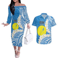 Personalized Palau 1994 Belau Rekid Couples Matching Off The Shoulder Long Sleeve Dress and Hawaiian Shirt Polynesian Plumeria Style LT9 Blue - Polynesian Pride